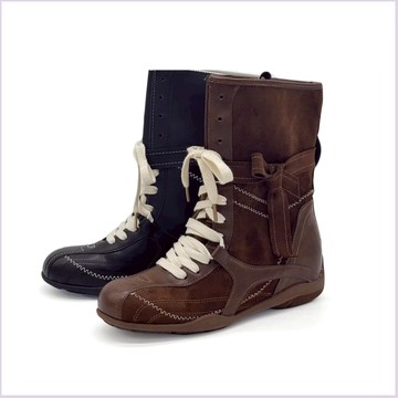 短靴 馬丁靴 拳擊靴 復古街頭拼接復古機能運動德訓綁帶靴馬汀靴拳擊靴ROBINLO (BRIANNE 墨影黑/可可棕)