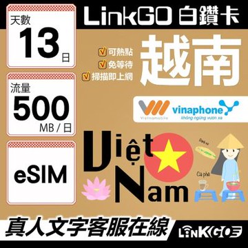 LinkGO白鑽卡 越南 eSIM卡 13天上網卡 每日500MB 雙電信 高速流量(越南網卡 下龍灣 峴港 胡志明市)