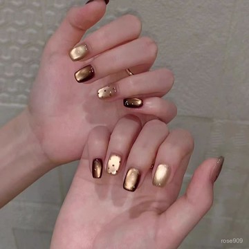 💥新年戰甲❤️穿戴甲純手作新年金棕爆閃貓眼波點短款甲片高級感甜美風美甲貼片中長款穿戴甲 P1HN