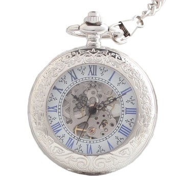 羅馬銀色放大鏡半自動機械懷表翻蓋復古男女士學生掛鏈懷表收藏