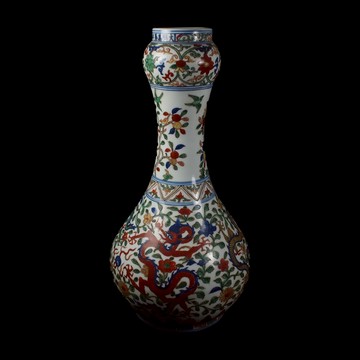 《博古珍藏》明萬曆．五彩龍紋花鳥蒜頭瓶．高40公分．早期收藏．老件文物瓷器．博物館級珍藏．底價回饋