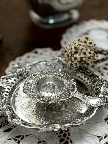 50260-絕美法國古董Art Nouveau純銀鏤空雕花濾茶器