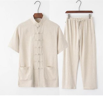 男士亞麻半袖套裝透視吸汗柔軟舒適的短袖太極服汗衫不起球不掉色