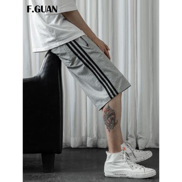 三道杠男裝運動短褲夏透氣休閑訓練五分褲棉料針織寬松港風沙灘褲