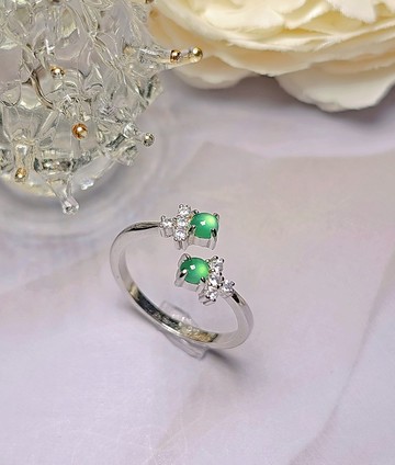 |時尚開口戒|A貨翡翠老種高冰陽綠起瑩光蛋面3.3mm純銀鍍18k戒指