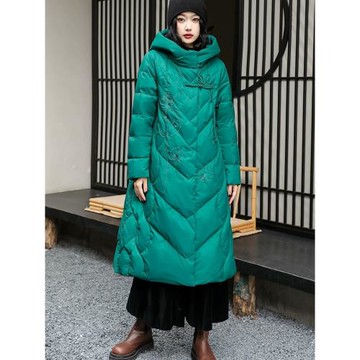 復古中長款刺繡羽絨服女2024年冬季連帽90白鴨絨盤扣復古寬松外套