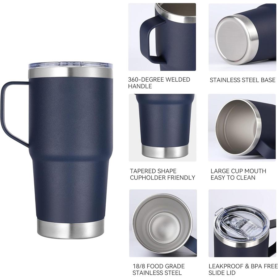 Abbrevi 20 oz Stainless Steel Tumbler with Handle Metal Insulated Coffee Travel Mug with Handle Double Wall Tumbler Cup with Handle and Lid  Navy B