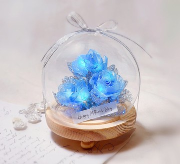 免運 半透明藍玫瑰 緞帶永生花玻璃罩LED小夜燈