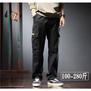 多口袋直筒休閑褲男秋季彈力胖子加肥加大寬松皮帶工裝褲軍綠長褲