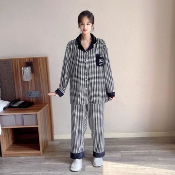 秋冬千鳥格大碼天鵝絨情侶睡衣女長袖韓版200斤男士家居服兩件套