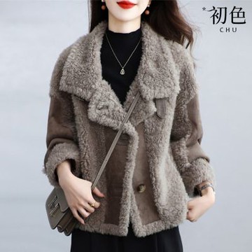 初色 通勤風短款保暖拼接單排扣西裝領長袖仿羊羔毛大衣外套女外套-咖色-17555(M-2XL可選)