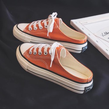 2019夏新款無后跟帆布鞋女半拖鞋韓版百搭平底小臟橘一腳蹬懶人鞋