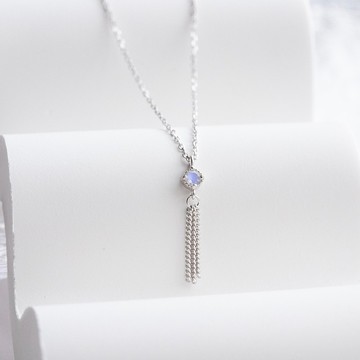 鑽面月光石925純銀波西米亞流蘇項鍊