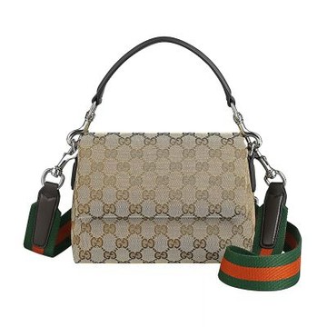 GUCCI 經典緹花帆布滿版字母雙G LOGO釦式手提/斜背包(小/米x深棕)
