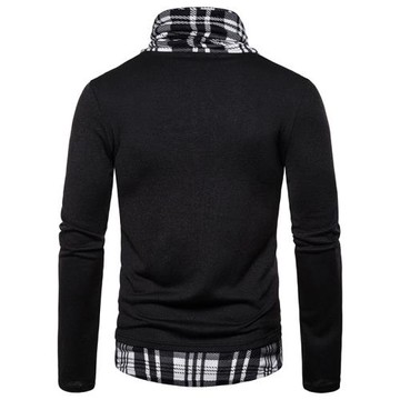 秋冬款個性高領毛衣男堆領假兩件針織打底衫加絨加厚內搭拼接拼色