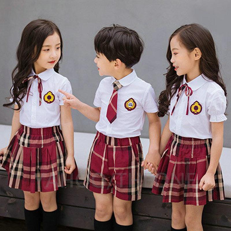 入学式スーツ 半袖　子供 セーラー服　チェックスカート キッズ 卒業式　4点セット 女子学生制服 上下セット フォーマル スクールシャツ