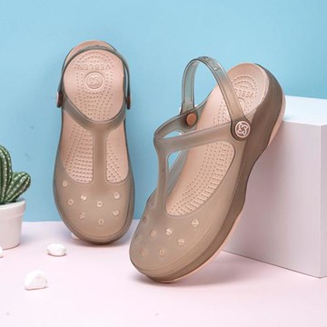 2024新款防滑洞洞鞋女款夏季外穿沙灘海邊涼拖鞋厚底水晶包頭半拖