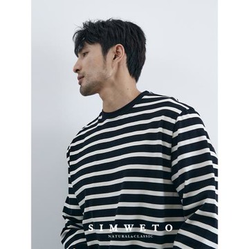 春夏新品 黑白條紋長袖T恤純棉百搭男士休閑商務秋冬打底圓領衛衣