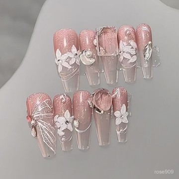 ✨Hannah✨【冰封之花】純手工穿戴甲彩繪五瓣花貓眼顯白穿戴甲精緻穿戴甲 J107