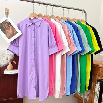 寬松時尚休閑百搭polo領單排扣泡泡袖中長款襯衫連衣裙女夏季新款