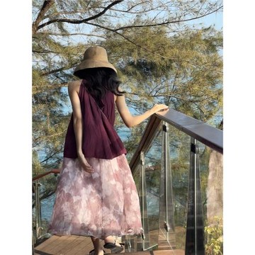 喵吉法式復古新款粉色印花高腰顯瘦中長款a字雪紡半身裙女春夏季