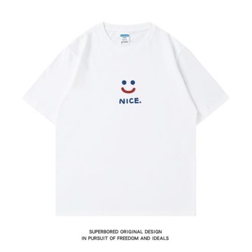 簡約nice笑臉印花短袖t恤男青少年夏季純棉潮流情侶寬松圓領半袖
