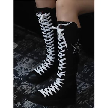 單靴新款長筒帆布鞋女高腰款靴子小白鞋子大碼女鞋ins潮舞蹈流蘇