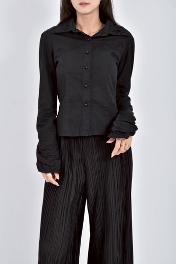 (S) fabrique au japon質感設計感收線長袖黑色襯衫上衣
