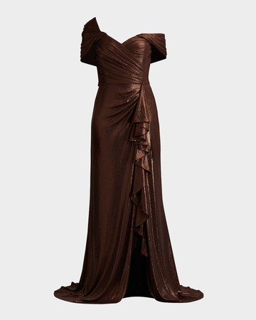 Pleated One-Shoulder Metallic Gown