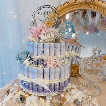 有錢花雙層永生花蛋糕禮盒  可代寫卡片 乾燥花 永生花 鈔票蛋糕