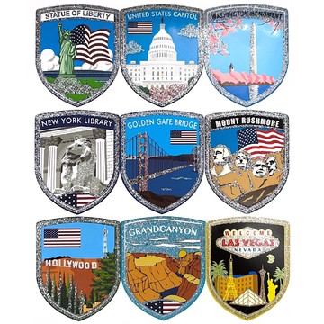 《環遊世界系列》 白銀質感 美國主題系列貼紙9入 原創設計貼紙 適用於行李箱 冰箱 水壺 筆記本 車窗 櫥櫃 玻璃 打造獨一無二風格的個人物品