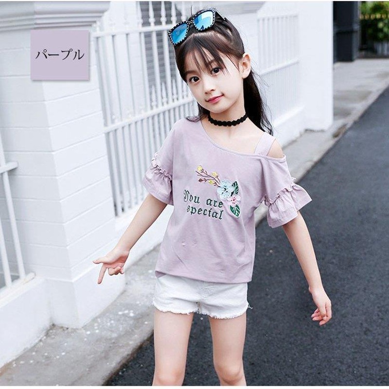 子供服 Tシャツ キッズ 女の子 韓国子供服 綿 半袖 肩出し 丸い