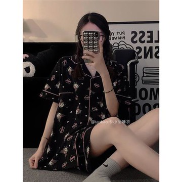 黑色ins風夏天庫洛米印花睡衣女生純棉高級感開衫日系薄款家居服