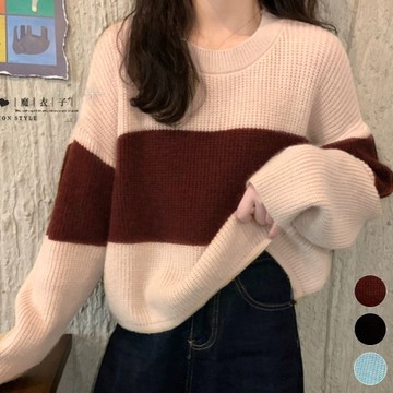 【QV5197】魔衣子-寬鬆短版百搭拚色長袖毛衣