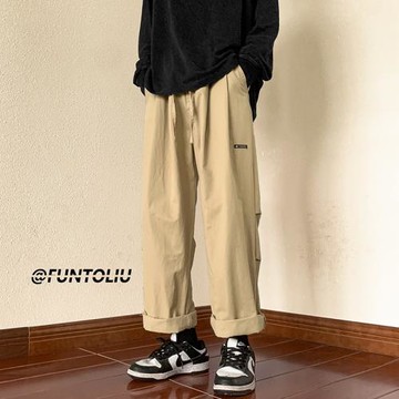 日系卡其色工裝褲子男士夏季薄款高級感寬松闊腿直筒休閑長褲男生
