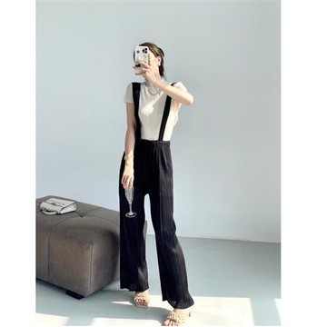 【巴黎精品】現貨+預購 三宅風皺褶衣服摺褲寬鬆闊腿褲寬褲摺衣彈力長褲顯瘦折衣大碼-寬鬆吊帶褲2色a1jb42