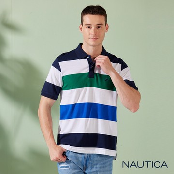 Nautica男裝 純棉休閒撞色條紋短袖POLO衫-藍白