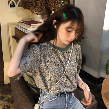 復古碎花短袖t恤打底衫女夏季新款內搭外穿韓版寬松百搭上衣