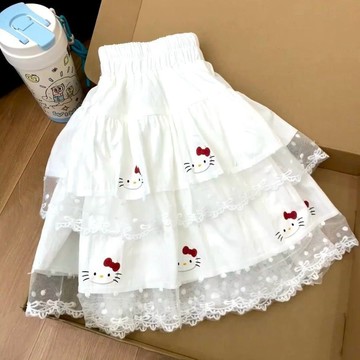 ❤️百搭童裙❤️韓係甜美中大童Kitty貓蕾絲拚接蛋糕半身裙新款夏高腰蓬蓬短裙子 SDNQ