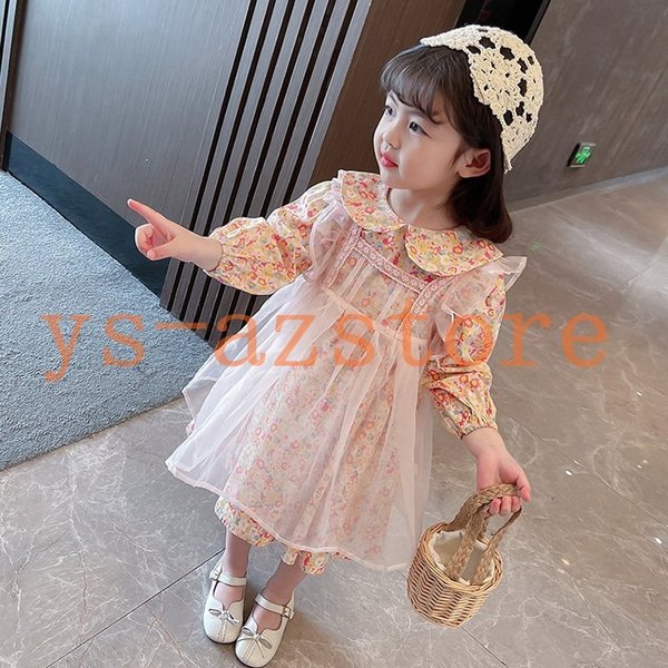 子供服ワンピース女の子秋冬長袖チュールワンピース花柄ワンピースキッズ可愛い発表会 卒園式 入学式 パーティワンピース 国内配送