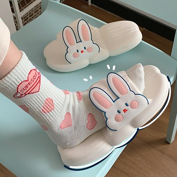 細細條 可愛兔子拖鞋女夏踩屎感軟厚底少女心防滑居家洗澡涼拖ins