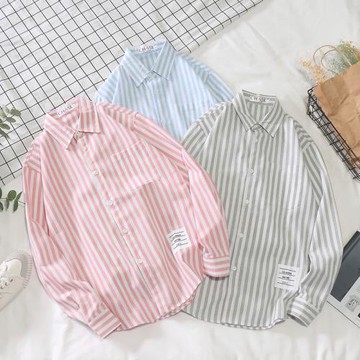 春夏季港風粉色情侶超火的襯衫韓版潮流帥氣個性長袖學生條紋外套