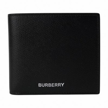 BURBERRY  烙印銀字顆粒紋皮革8卡對開短夾(素面黑)