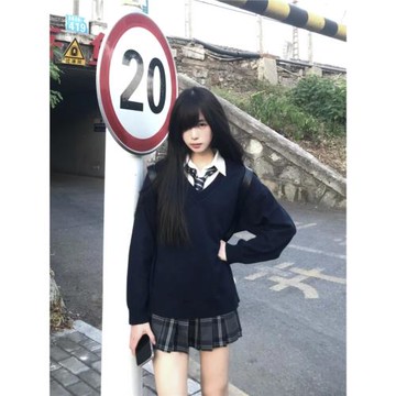 日系學院風JK制服套頭毛衣女秋冬V領純色針織衫長袖外套疊穿上衣