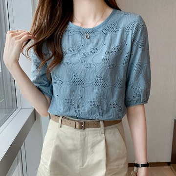 2022夏季新款重工鏤空繡花五分袖上衣百搭氣質雪紡衫女寬松襯衫潮