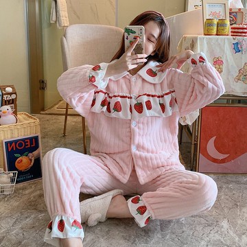 日系ins可愛草莓睡衣女秋冬珊瑚絨加厚加絨冬季法蘭絨保暖家居服