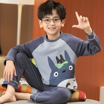 兒童睡衣男孩2026新款春秋長袖純棉薄款男童青少年秋季家居服龍貓