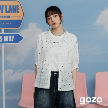 【gozo】波點立體格紋澎澎短袖襯衫(黑色/白色_F) | 女裝 顯瘦 百搭