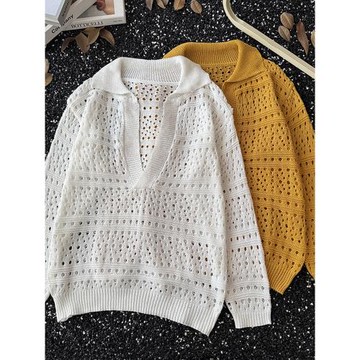 美式鏤空POLO針織衫罩衫外套簡約寬松休閑深V領慵懶度假風上衣男