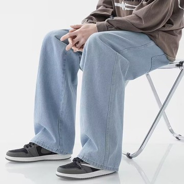 復古高街水洗做舊褲子寬松闊腿純色簡約休閑百搭牛仔褲子男潮長褲鑫弘-衣錦男裝